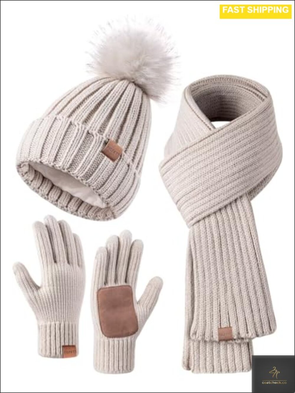 3 Piece Winter Beanie Scarf Gloves Set Acrylic Fleece Lined Touchscreen Gloves